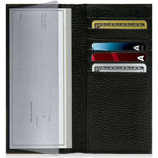 Black Genuine Leather Thin Checkbook Cover Card ID Holder Long Clutch Wallet